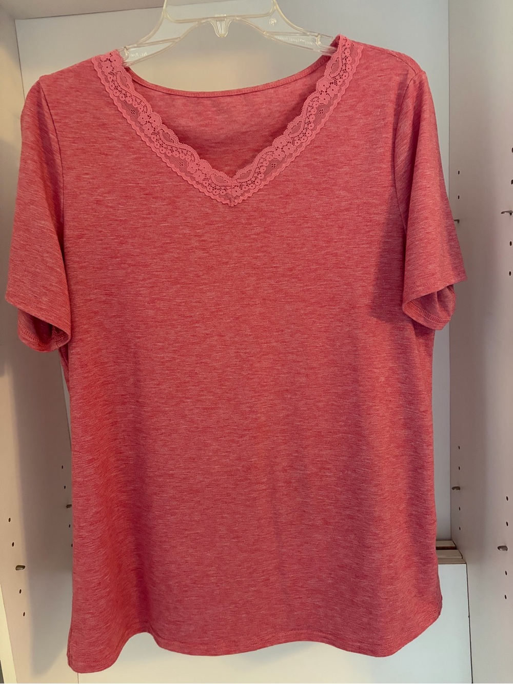 Women's Lace Trim V-Neck Tee - Pink